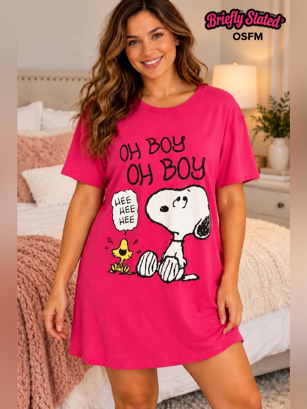 Briefly Stated Peanuts Snoopy Oh Boy Nightshirt OSFM Pink Sleep Shirt